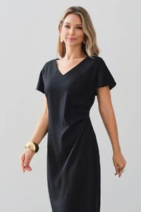 Vestido Midi Assimétrico de Linho Manga Morcego Decote V Lateral Pregas