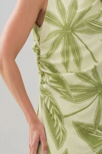 Vestido Midi Regata Assimétrico Drapeado Folhagem Ombro Lateral Franzidos