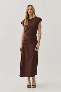 Conjunto Assimétrico de Blusa Manga Morcego Pregas Drapeada Saia Midi Evasê Drapeada