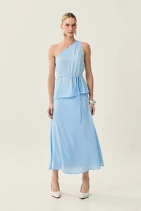 Conjunto de Blusa Regata Assimétrica Um Ombro Só Prega Cinto e Saia Midi