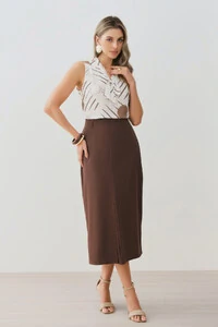 Saia Midi Reta de Alfaiataria Recorte Prega Frontal