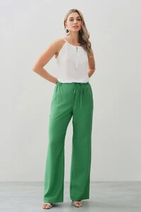 Calça Reta Cintura Elástico Laço Fino