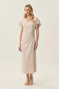 Vestido Midi Assimétrico de Linho Manga Morcego Decote V Lateral Pregas