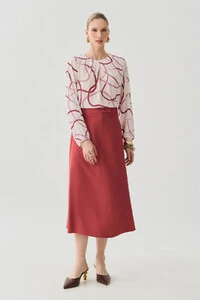 Blusa Abstrata Manga Longa Decote Pregas