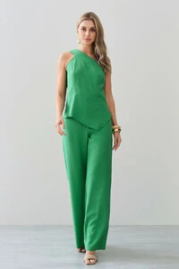 Conjunto de Blusa Regata Assimétrica Um Ombro Só Recorte Cintura e Calça Wide Leg Botão Forrado