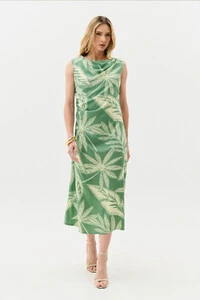 Vestido Midi Regata Assimétrico Drapeado Folhagem Ombro Lateral Franzidos