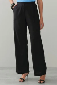 Calça Reta de Linho Prega Laço Lateral