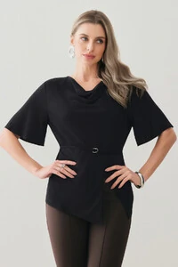 Blusa Assimétrica Transpassada Manga Evasê Decote Drapeado Cinto Fino