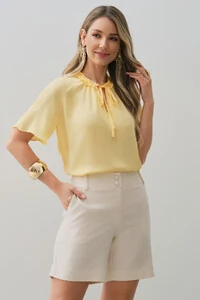 Blusa Manga Reglan Gola Babadinho Decote V Laço