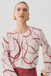 Blusa Abstrata Manga Longa Decote Pregas