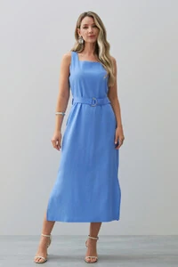 Vestido Midi Regata de Linho Decote Quadrado Fendas Laterais Cinto Fivela