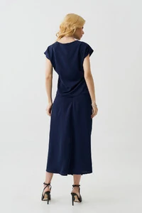 Conjunto Assimétrico de Blusa Manga Morcego Pregas Drapeada Saia Midi Evasê Drapeada