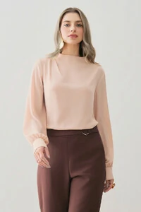 Blusa Assimétrica Manga Longa Punho Double Gola Careca Baixa Ombro Direito Pregas Double