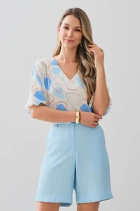 Blusa Abstrata Triângulo Manga 3/4 Elástico Decote V