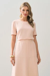 Conjunto de Blusa Manga Nervuras e Saia Midi Recorte Fenda Lateral
