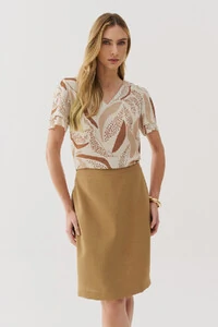 Blusa Folhagem Manga Dupla Decote V