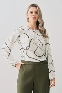 Blusa Abstrata Manga Longa Decote Pregas