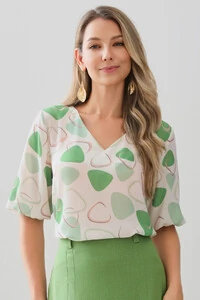 Blusa Abstrata Triângulo Manga 3/4 Elástico Decote V