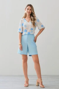 Blusa Abstrata Triângulo Manga 3/4 Elástico Decote V