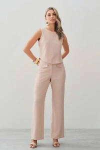 Conjunto de Alfaiataria de Blusa Regata Crop Recorte Calça Reta Aba Botões Forrados Double