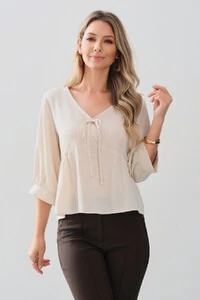 Blusa Manga 3/4 Punho Decote V Laço Recorte Busto