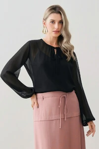 Blusa de Chiffon Yoryu Manga Longa Decote Gota Laço