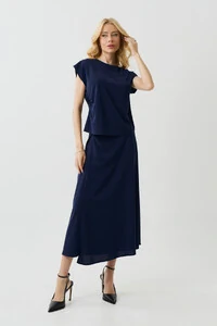 Conjunto Assimétrico de Blusa Manga Morcego Pregas Drapeada Saia Midi Evasê Drapeada