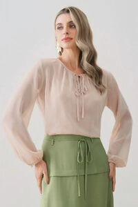 Blusa de Chiffon Yoryu Manga Longa Decote Gota Laço