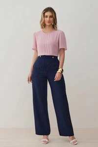 Pantalona Slim Risca de Giz Botões Gold