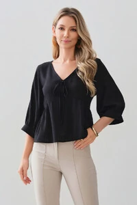 Blusa Manga 3/4 Punho Decote V Laço Recorte Busto