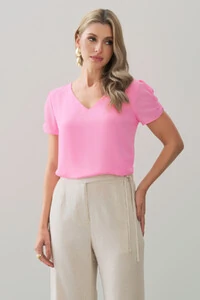 Blusa Manga Franzida Elástico Decote V