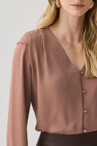 Camisa Manga Longa Punho Decote V Ombro Aba Mini Botões