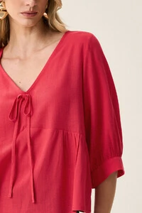 Blusa Manga 3/4 Punho Decote V Laço Recorte Busto