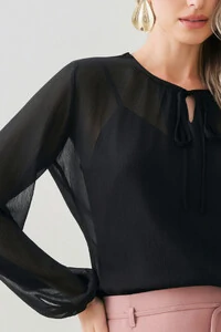 Blusa de Chiffon Yoryu Manga Longa Decote Gota Laço