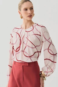 Blusa Abstrata Manga Longa Decote Pregas