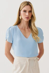 Blusa Manga Franzida Elástico Decote V