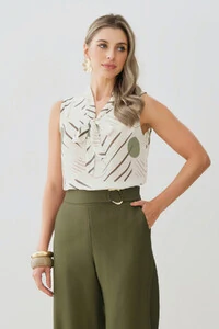 Regata Abstrata Gola Baixa Laço Decote V Ombro Prega