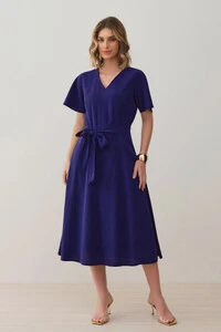 Vestido Midi Evasê Manga Abertura Decote V Cinto