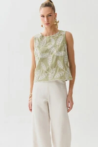 Regata de Algodão Bordado Folhagem Barrada