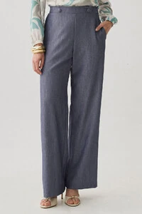 Calça Reta de Alfaiataria Cintura Elástico Botões Forrados Double