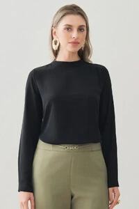 Blusa Assimétrica Manga Longa Punho Gola Baixa Ombro Esquerdo Pregas Triple
