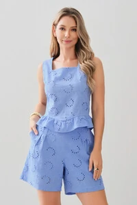 Conjunto de Laise de Algodão de Blusa regata Crop Decote Quadrado Babado e Shorts Pregas Double