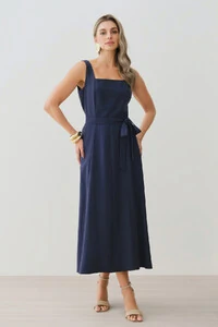 Vestido Midi de Alça Larga de Alfaitaria Decote Quadrado Recortes Cinto