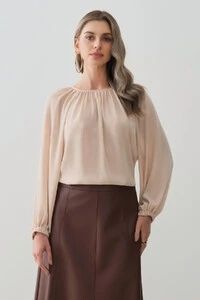 Blusa Assimétrica de Chiffon Yoryu Manga Longa Raglan Ampla Elástico Decote Franzido
