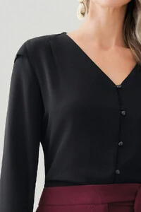 Camisa Manga Longa Punho Decote V Ombro Aba Mini Botões