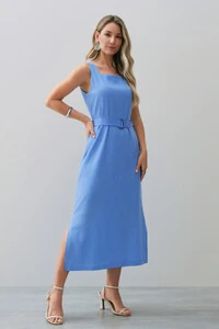 Vestido Midi Regata de Linho Decote Quadrado Fendas Laterais Cinto Fivela