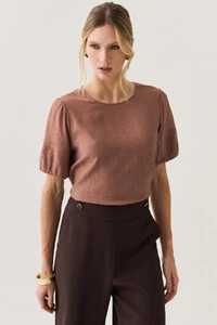 Blusa de Textura Listrada Manga Balonê