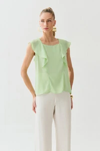 Regata Decote Quadrado Recortes Babado Laço Costas