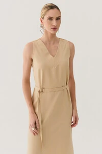 Vestido Midi Regata de Alfaiataria Decote V Recorte e Cinto Fivela