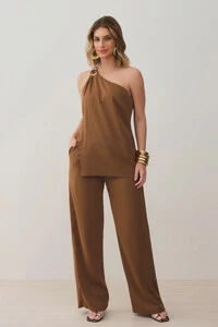 Conjunto de Blusa Regata Dupla Assimétrica Um Ombro Só Gold e Calça Pantalona Elástico